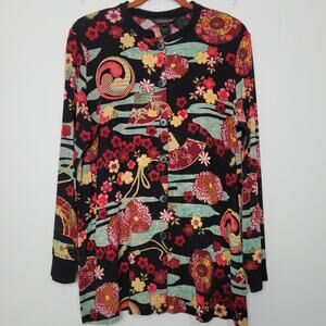 Vintage Colorful Slinky Cardigan size L black multi Y2K Asian inspired floral